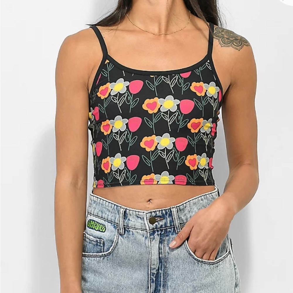 Petals by Petals and Peacocks You Can't Sit With Us Black Crop Tank Top Large